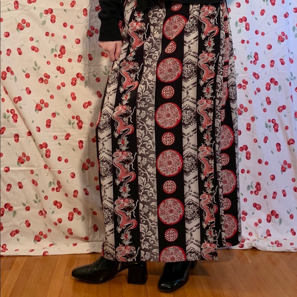 Chinese printed rayon maxi skirt